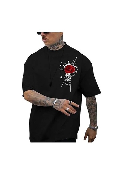 Erkek Kısa Kol Yazlık Tişört Bisiklet Yaka Gül Baskılı T-shirt - Siyah
