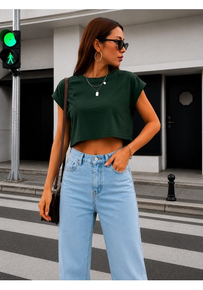 Bonnywıll Bonnywılll Bisiklet Yaka Düşük Kol Crop T-shırt Haki
