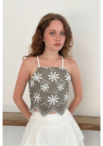 Verymoda Çiçek Motifli Askılı Bluz D3122 Haki