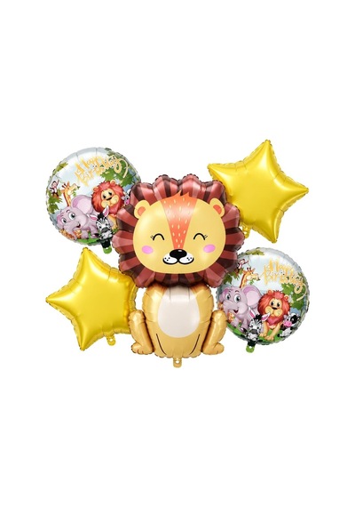 5'li Aslan Safari Temalı Folyo Balon Seti Gold Yıldızlı Doğum Günü Parti Balonları Çok Renkli