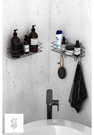 Siyah Yapışkanlı 2li Set Banyo Düzenleyici Şampuanlık Banyo Rafı Duş Rafı Organizer Duşakabinaskısı Siyah