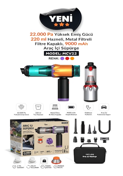 22000pa 220w Ultra Güçlü 9000mah Kablosuz Araç İçi Süpürge Metal Filtreli 220ml Şarjlı Mini
