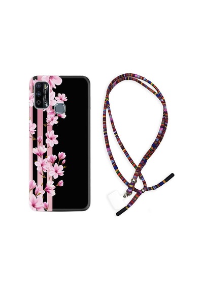 Infinix Hot 9 Play Kılıf Rasta Boyun Askılı Pink Flowers 3 1393