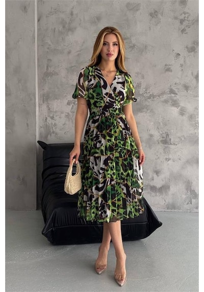 Dip Moda Kadın Kruvaze Yaka Desenli Şifon Elbise Dpnbq001 Yeşil