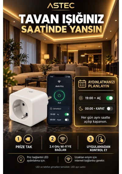 Astec Wi-fi Akıllı Priz 16a 220 V Led Aydınlatma İçin Telefondan Aç/kapat Ve Zamanlayıcı
