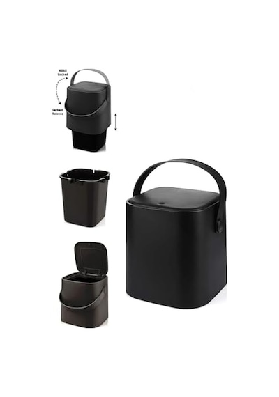 Tutma Saplı İç Kovalı Tezgah Üstü Mutfak Çöp Kovası, 4 Litre, Kilitli Kapak, Click Kapak, 20x20x22 Cm, Siyah Diğer