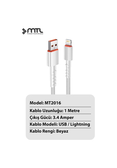 3.4a Usb To Apple Uyumlu iPhone Lightning Hasır Hızlı Şarj Ve Data Aktarım Kablosu 1 Metre Beyaz Mt2016