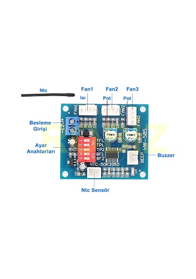 3 Kanal Dc 12v 4a Pwm Fan Hız Kontrol Hw585 Otomatik Sıcaklık Kontrol Ntc Sensör Buzzer Uyarı Pc