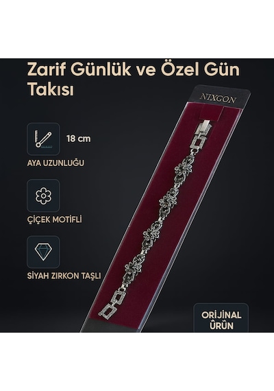 Kadın Vintage Bileklik Siyah Taşlı Çiçek Desenli Zarif Günlük Ve Özel Gün Takısı Siyah - Gümüş