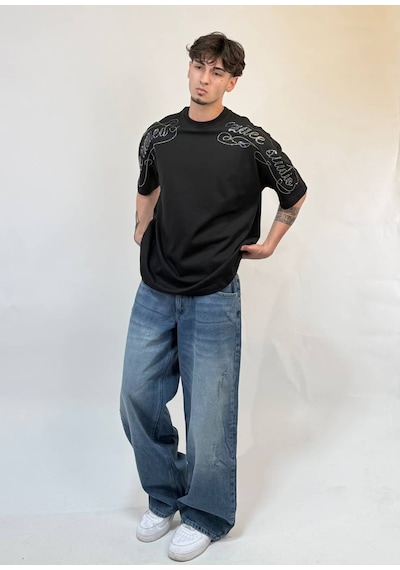 Zaee Script Taş İşlemeli Oversize Tişört Çok Renkli