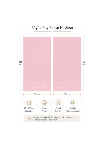 2'li Büyük Boy Banyo Havlusu 90x150 Cm %100 Pamuk Siena Collection 650 Gr Pembe