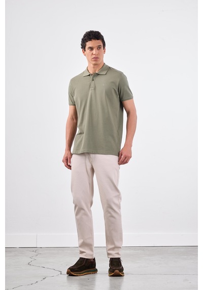 Dufy Haki Polo Yaka Pamuklu Düz Renk Slim Fit Erkek T-shirt Haki