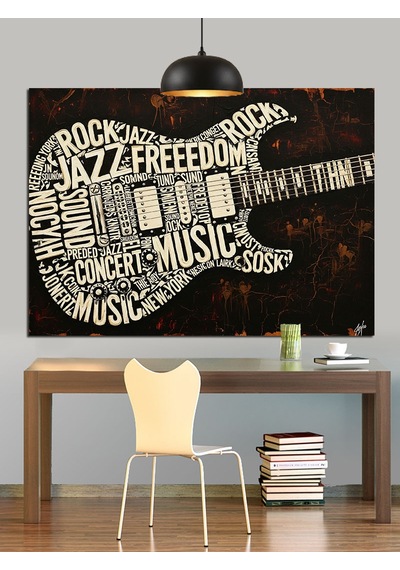 Gitar Şekilli Müzik Yazıları Dekoratif Kanvas - Mdf Ahşap Tablo