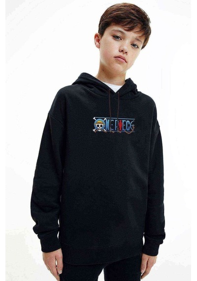 Tshirthane Anime One Piece Baskılı Unisex Çocuk Kapüşonlu Siyah Sweatshirt (534704826) Siyah