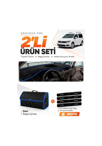 Volkswagen Caddy 2015-2019 Uyumlu Torpido Örtüsü + Deri Bagaj Çantası + Sticker Seti - Siyah Mavi