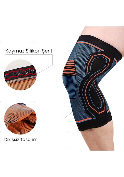 Esnek Ve Sıkmayan Dikişsiz Antrenman Dizliği - Kaymaz Silikonlu Ortopedik Fitness, Voleybol, Basketbol Spor Dizlik 1 Adet Mavi - Turuncu