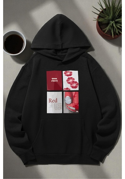 Uyguntarz Unisex Red Mon Cheri Baskılı Kapüşonlu Sweatshirt siyah