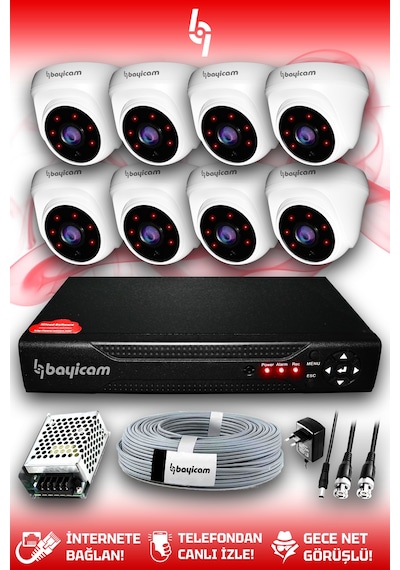 Bayicam 8 Kameralı Dome 8 İç Kamera Set HDD'siz Full HD Gece Görüşlü Güvenlik Kamerası Sistemi
