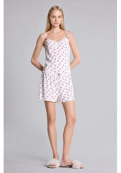 Defacto Regular Fıt Şortlu Askılı Desenli 2li Ecru Pijama Takımı H7393ax26hser98 Ekru-er98