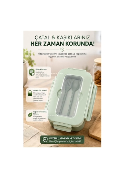 Piev Kilitli Sızdırmaz Çatal Kaşıklı 2 Bölmeli Beslenme Kabı Yeşil