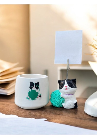 Turkuaz Yumaklı Kedi Fotoğraf - Not Tutuculu Obje Saksı Seti Hediyelik Ofis Seti Su Yeşili