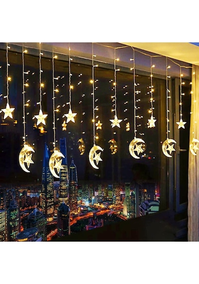 Dekoratif Ramazan Süslemesi Ay Yıldız Salkımlı Perde LED Gün Işığı