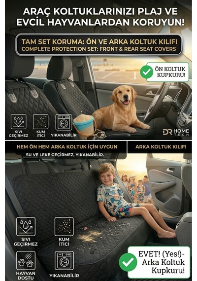 Sıvı Geçirmez Araç Ön Arka Koltuk Örtüsü - Plaj & Köpek Koltuk Kılıfı 3 Lü Set - Siyah