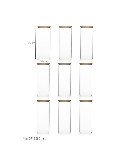 4-3 Bambu Vakumlu Kapaklı Yuvarlak Borosilikat Cam 9lu Kavanoz Seti Saklama Kabı 2100ml 10x30cm Diğer
