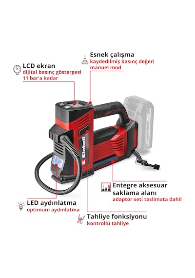 Einhell CE-CC 18/23 D Li, Akülü Oto Hava Kompresörü Seti (2,5 Ah Akü ve Şarj Cihazı Dahildir)