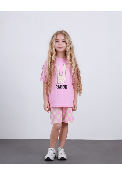 Cg Kids Rabbit Tavşan Baskılı Tshirt & Damalı Şort Pembe Alt Üst Takım Süper Kalite