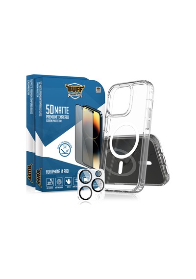 Buff Apple iPhone Uyumlu  14 Pro - 2x5d Ekran Koruyucu + Magsafe Kılıf + Lens Koruyucu Matte Mat