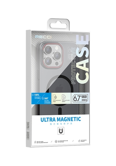 Apple Uyumlu iPhone 15 Pro Kılıf Recci Magnetic Glass Serisi Standlı Magsafe Şarj Özellikli Kapak Siyah