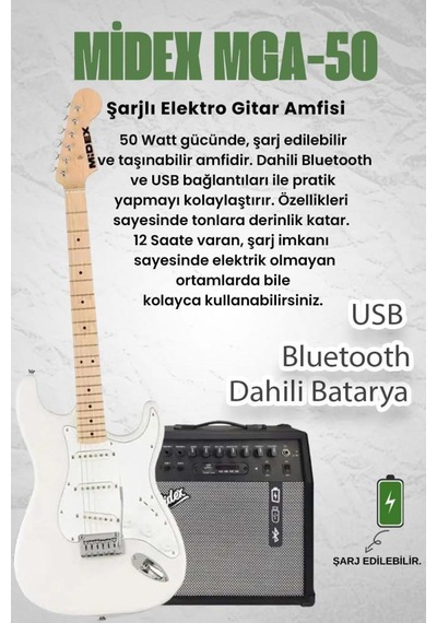 Midex Rph-30wh-50amp Maple Klavye Sss 50w Amfili Elektro Gitar Seti
