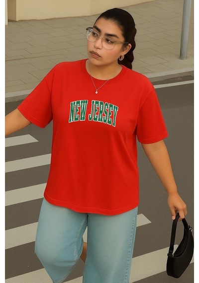 Büyük Beden New Jersey Baskılı Unisex Tişört Kırmızı