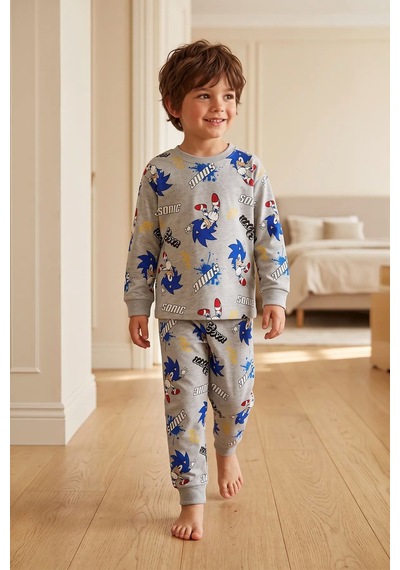 Zuzunga The Hedgehog Super Sonic Desenli %100 Pamuk Gri Renk Erkek Çocuk Pijama Takımı