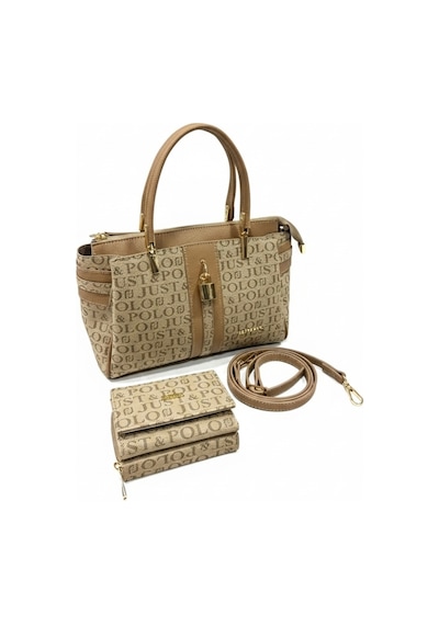 Just Polo Kadın Lüks El & Omuz Çantası Gold Detaylı Özel Tasarım Çanta Ve Uyumlu Cüzdan 22x28 Cm Vizon