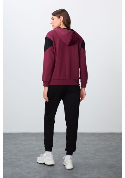 Tommy Life Erguvan-siyah Kompakt Pamuklu Kalın Pürüzsüz Dokulu Kapüşonlu Oversize Fit Kadın Eşofman Takım - 95 Mor