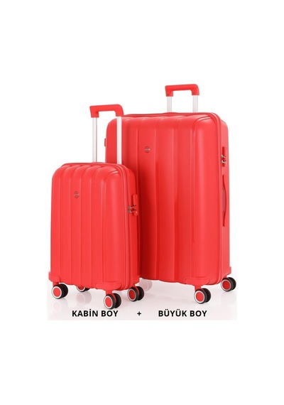 Mçs Bavul Büyük Ve Kabin 2li Set Kırılmaz Silikon Valiz V305 Kırmızı
