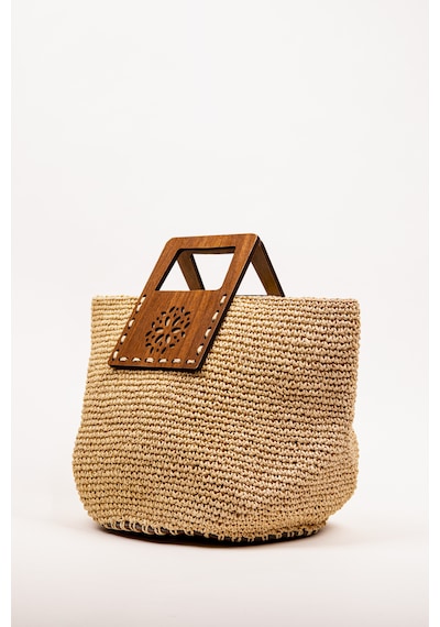 Fabric Craft Bag El Çantası Örgü Kağıt İp Ahşap Saplı Kadın Çanta 40x25 Cm Açık Kahverengi