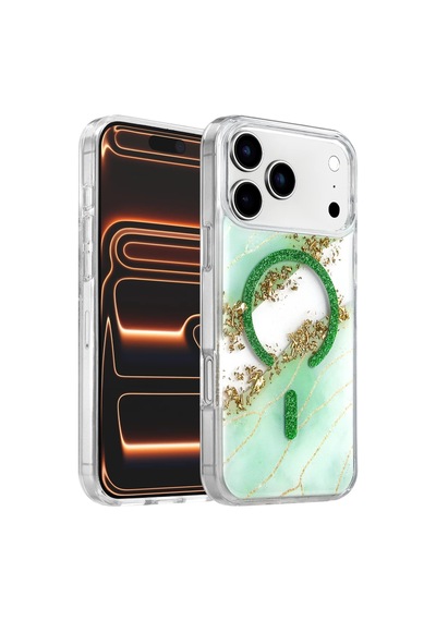 Onegif Apple İphone 17 Pro Lotus Simli Magsafe Kapak - Yeşil