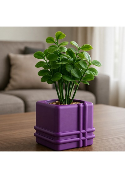 3d Baskı Square Planter - Izgara Desenli Küp Saksı-mor