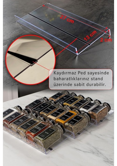 Şeffaf Pleksi Standlı 18'li Cam Baharatlık Seti, Siyah Kapak Ve Etiketli Baharatlık Takımı Mh02syh18 Diğer