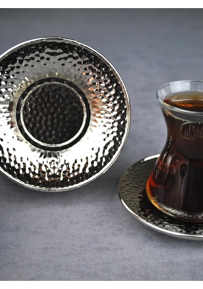 6 Adet Metal Çay Tabağı Dövme Desenli Çay Tabak 10 Cm Gümüş