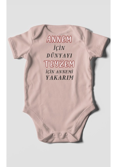 Annem İçin Dünyayı Teyzem İçin Annemi Yakarım Baskılı Bebek Zıbını %100 Pamuk Kısa Kol Pastel Pembe