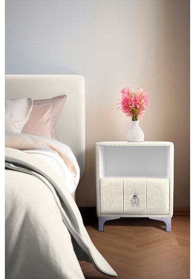 Singular Silver Iki Çekmeceli Kırık Beyaz Komodin- Raflı Kumaş Döşemeli Yatak Odası Komodin Modeli Singular Silver Iki Çekmeceli Kırık Beyaz Komodin- Raflı Kumaş Döşemeli Yatak Odası Komodin Modeli