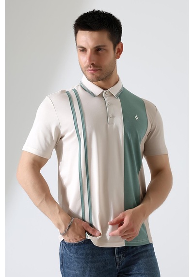 Rıbana Classıc Erkek Çizgili Şerit Detaylı Pamuklu Polo Yaka T-shirt Ekru