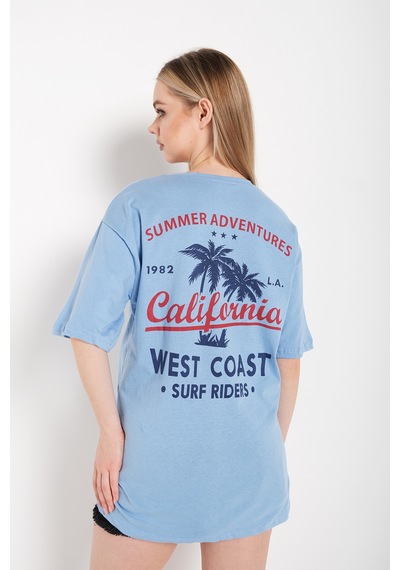 Flood Of Style Kadın Bebe Mavisi Oversize California Baskılı T-shirt Mavi
