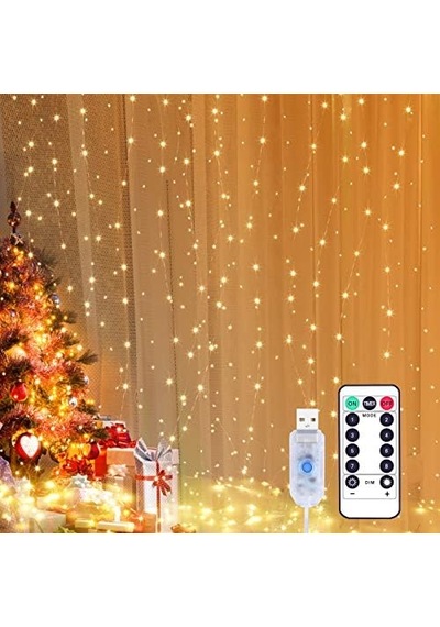 Yizhet Işık Perdesi, 3 X 3 M, Led Işık Zinciri, Perde, 8 Modlu, Ip65 Su Geçirmez, İç Ve Dış Mekan Dekorasyonu, Düğün, Parti, Noel, Teras İçin 300 Led, Sıcak Beyaz .
