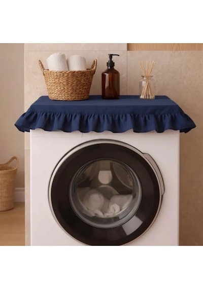 Fırfırlı Çamaşır Makinesi Örtüsü - Çeyizlik Dekoratif Banyo Makine Kılıfı- Lacivert