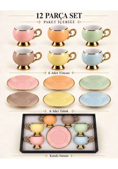 Valkyrie Pastelia Serisi 12 Parça 6 Kişilik Pastel Renkli Gold Ayaklı Türk Kahvesi Fincan Takımı çok renkli